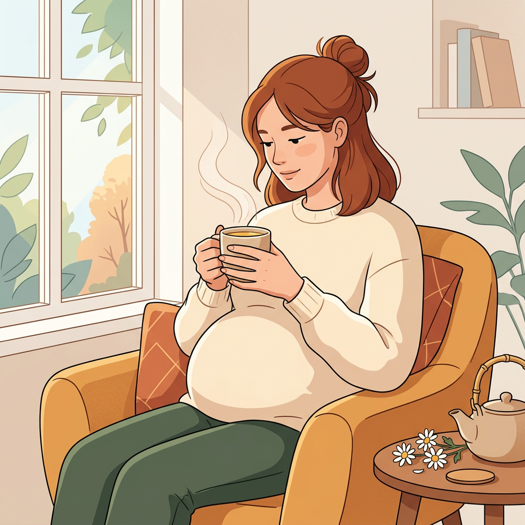 Pregnant woman drinking a cup of chamomile tea while resting in a chair by a window